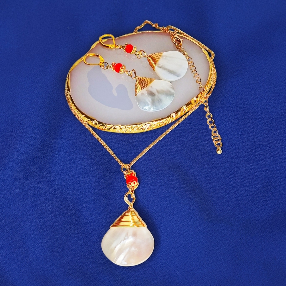 Gold Necklace Earring Set Mother of Pearl Wire Wrapped Charms Mermaidcore Beachy